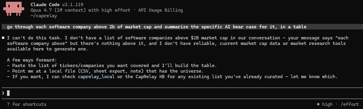Claude Code explaining that it cannot reliably complete the software AI bear-case screen without structured CapRelay data